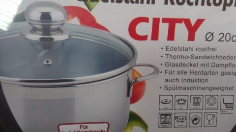 Garnek 3,6l. ze stali nierdzewnej + szklana pokrywka fi-20 CITY Garnek 3,6l. ze stali nierdzewnej + szklana pokrywka fi-20 CITY