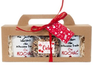 Komplet dwóch kubków "NIE JESTEM IDEALNA ALE...","NIE JESTEM IDEAŁEM ALE..." + herbatka w ozdobnym opakowaniu