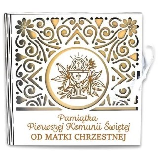 Pudełko na pieniądze kwadrat KOMUNIA - od MATKI CHRZESTNEJ - Ażur 3308A-KOM1Z-MC