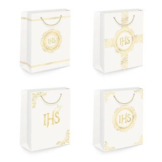 Torebka 12szt na prezenty 26 x 32 x 12cm IHS biało-złota 127469
