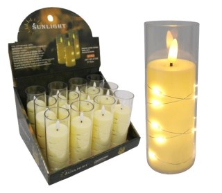 Świeca led ze skaczącym płomieniem w transparentnej obudowie z lampkami led BIAŁA 12,5 x 5 cm AE-A7065